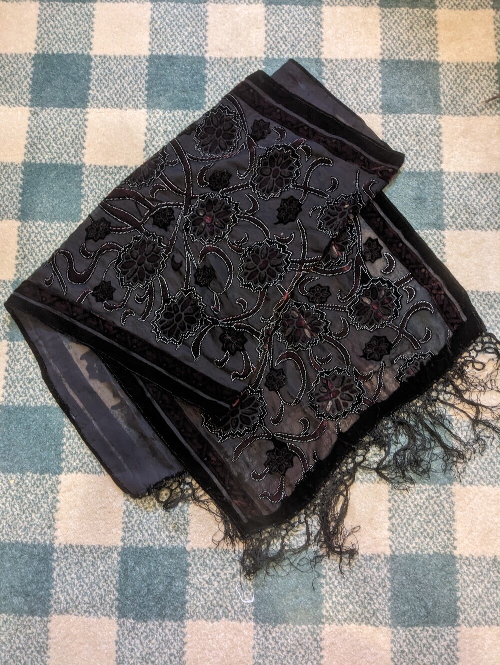 Burnout Velvet Moody Black And Wine Semi Sheet Scarf Shawl